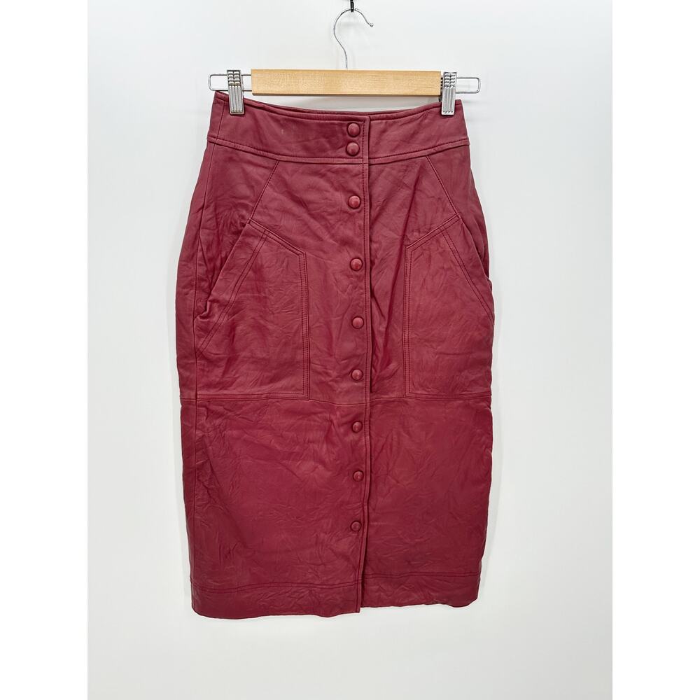 Walter Baker Red Leather Pencil Midi Skirt Button Snap Fitted Women Size 4